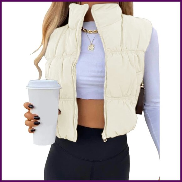 Jackets & Blazers - Women's Cropped Puffer Vest Lightweight Zip Up Stand Collar Winter